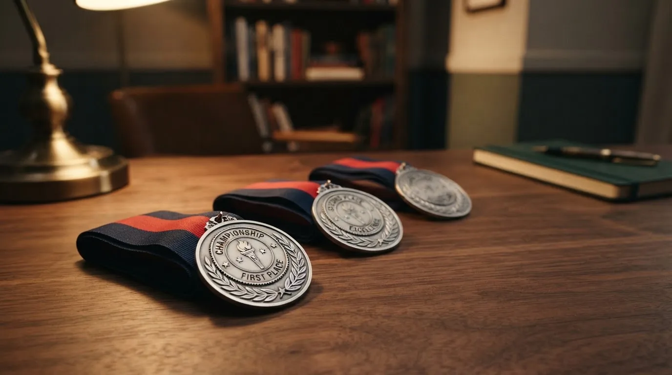 Tre sølvmedaljer i rekke på et skrivebord i varmt lys